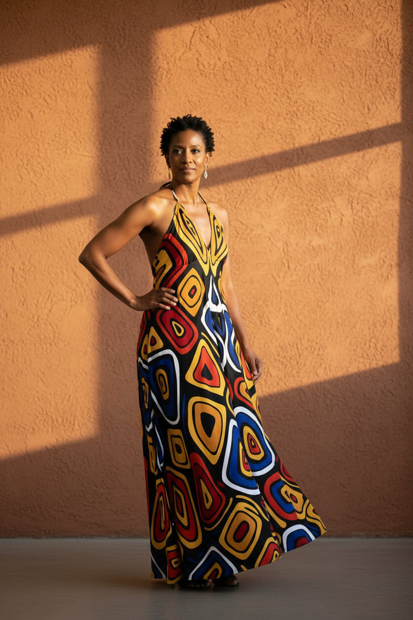 woman wearing a geometric patterned halter top dress of colorful triagle patterns. Standing in the shadows of a window.