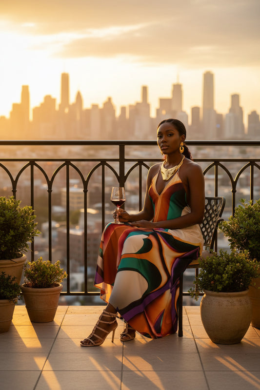 beautiful african american woman wearing  dress with the word love decorating the dress in colors of greens, golds, oranges, and hints of blues. On a balcony over looking the New York skyline.