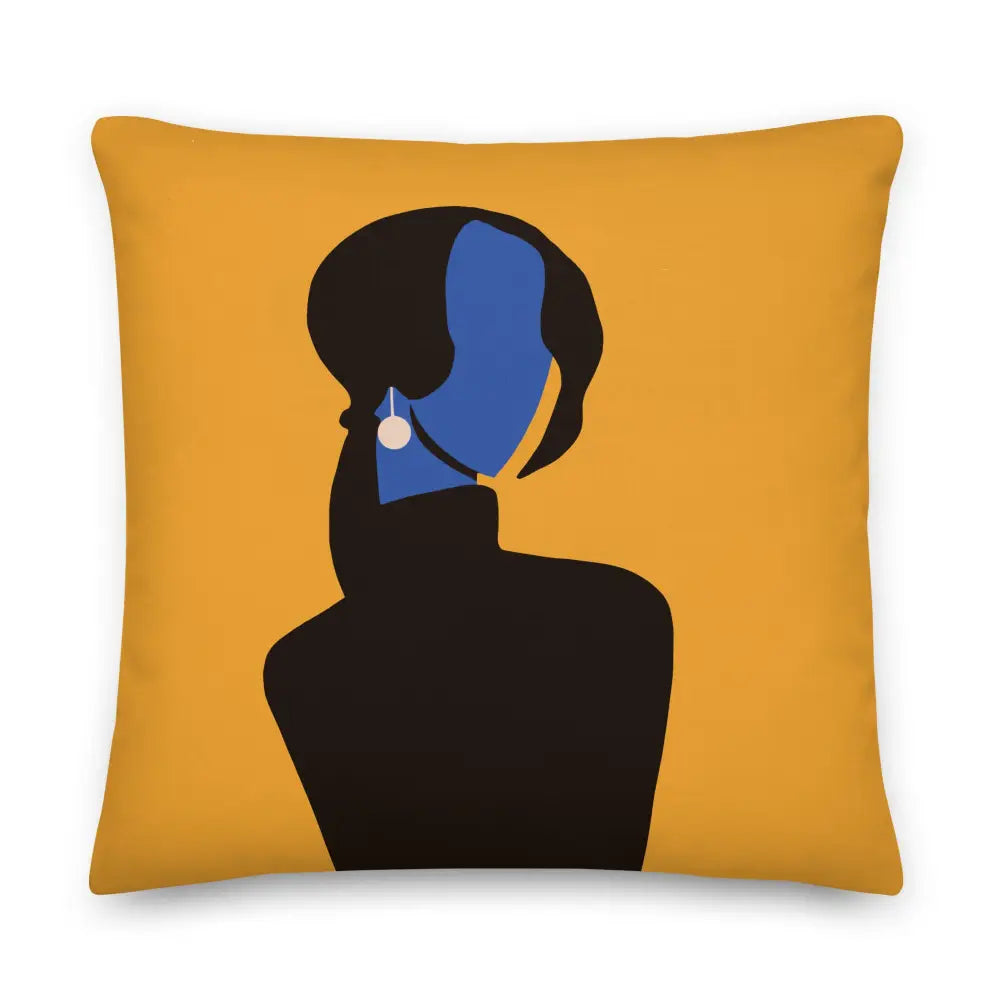 A 22 x 22  abstract decorative pillow featuring a minimalist feminine silhouette in deep black with a vivid cobalt blue face and pearl earring, set against a warm golden background. The modern composition blends elegance, mystery, and contemporary gallery-inspired design. White background.